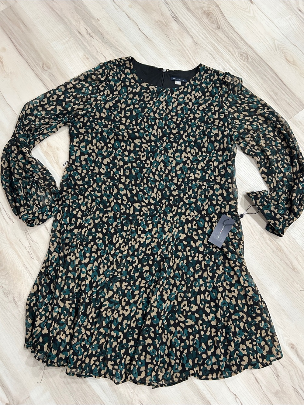Tommy Hilfiger Black, Tan & Teal Leopard Print Long Sleeve Dress
